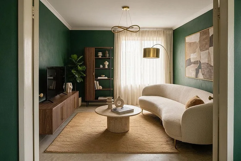 A Modern living room in the Forest and Cream palette: forest green, cream, walnut, camel, and brass
