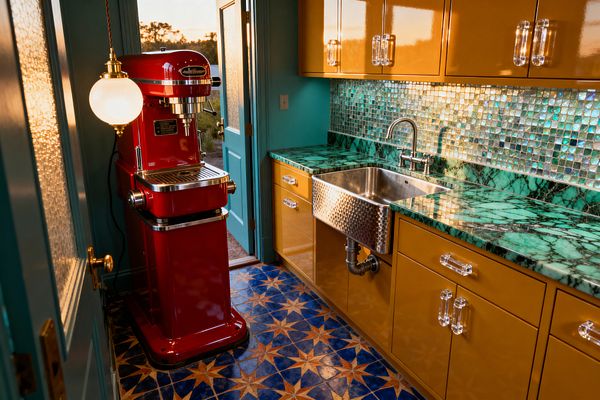 A compact maximalist laundry room features mustard lacquer cabinets with clear pulls, an emerald-green marble countertop, and an iridescent aqua glass mosaic backsplash. A hammered stainless apron-front sink sits beneath a polished faucet, while a glossy red vintage industrial machine stands beside a teal door; cobalt blue starburst floor tiles and a brass-capped globe pendant add pattern and shine, illuminated by daylight from the open door.