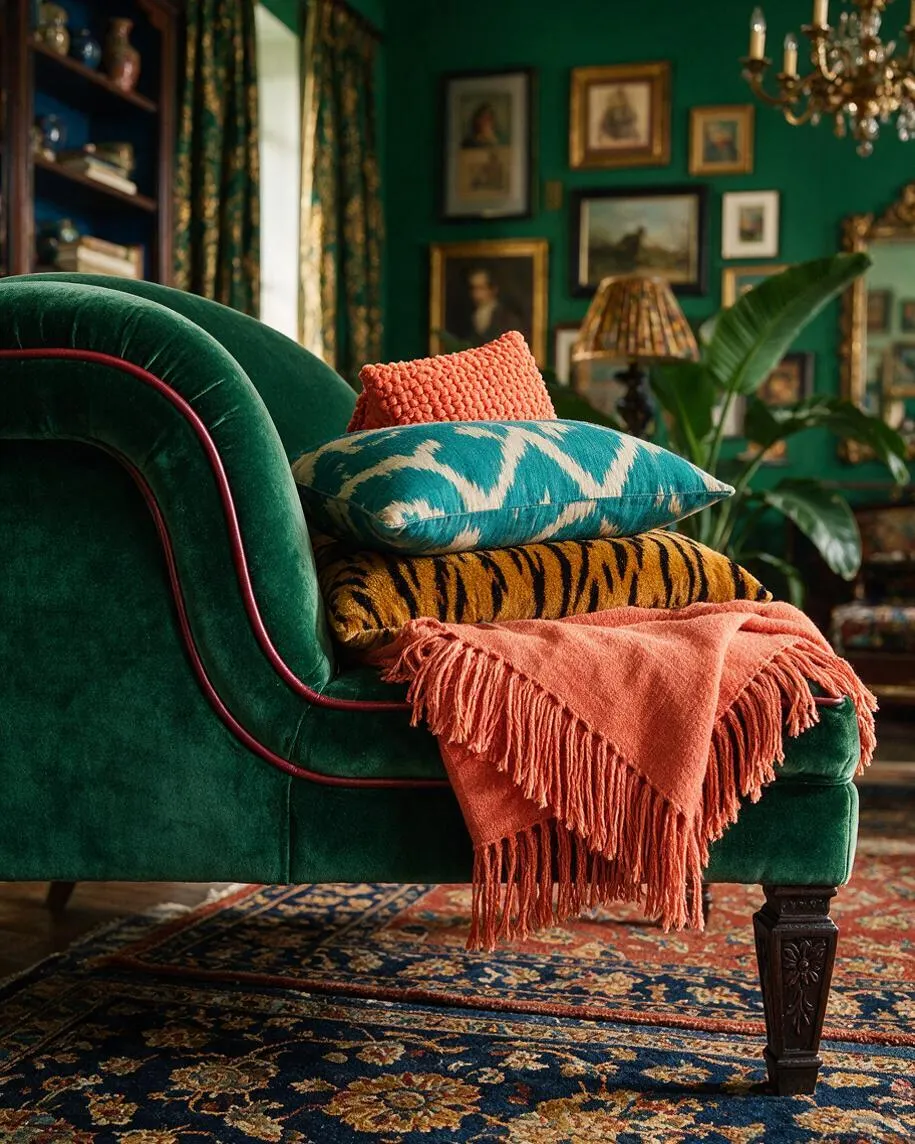 A maximalist living room featuring a deep green velvet chaise or sofa with burgundy piping, styled with layered patterned cushions in teal and tiger stripes and topped with a coral fringe throw. The room is filled with framed art, a patterned rug, plants, and warm decorative lighting.