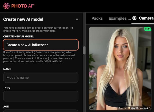 The image displays a user interface for creating a new AI influencer model, featuring a photo of a woman alongside input fields for model details.