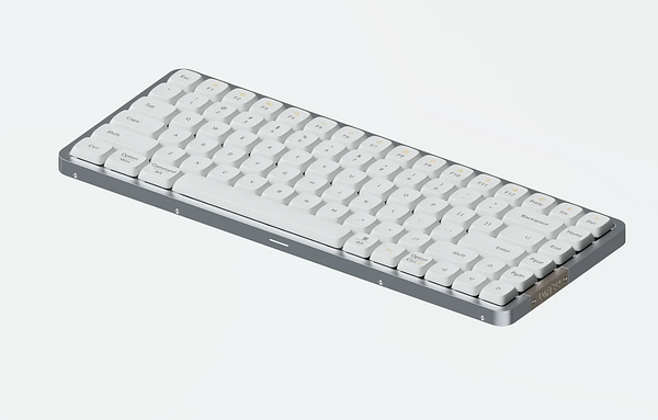 A white DeskGo wireless mechanical keyboard with keycaps in a retro beige and purple color scheme, placed on a desk between computer monitors and other devices.