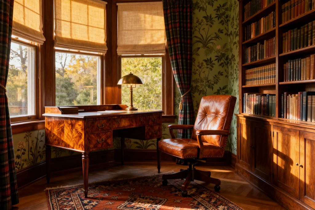 A traditional home office bathed in warm afternoon light features a flame-mahogany writing desk with brass hardware and a brass banker’s lamp, paired with a cognac leather swivel chair on an oak herringbone floor. Built-in wood bookcases, green botanical wallpaper, red-and-green tartan drapes, woven linen Roman shades, and a rust Persian-style rug frame a bay window overlooking leafy trees.