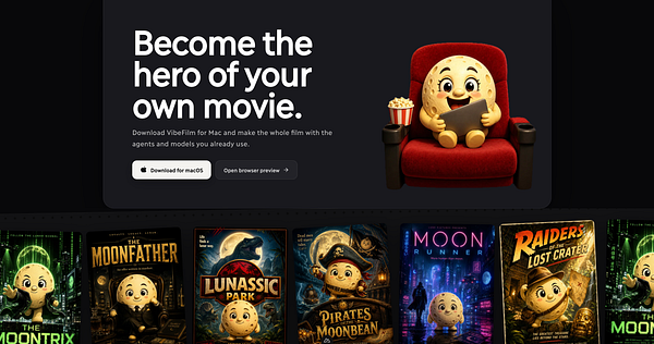 Homepage design mockup for Vibefilm featuring promotional content, pricing, and navigation elements.