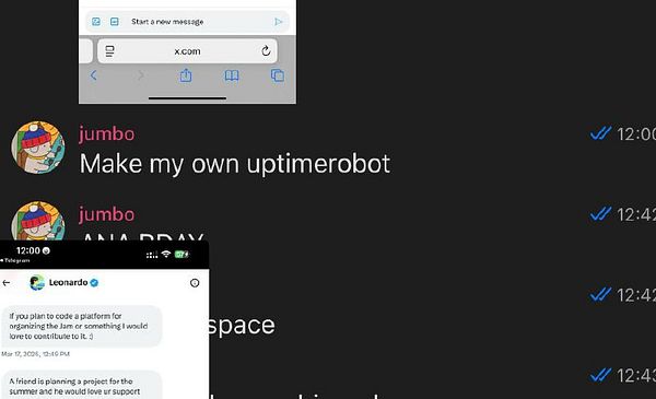 The image displays a chat interface with messages discussing project ideas and a web browser at the top.