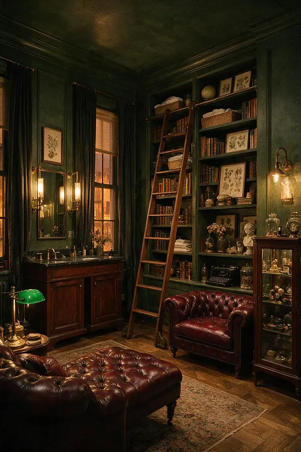 A dramatic powder room with deep green walls, dark wood cabinetry, and a wall of built-in bookshelves reached by a wooden ladder. The space includes a marble vanity, brass sconces, framed botanical art, leather seating, and vintage decor, creating a richly layered Dark Academia atmosphere.