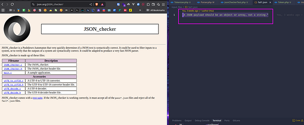The image displays a JSON checker tool alongside a code editor showing an error message related to JSON formatting.