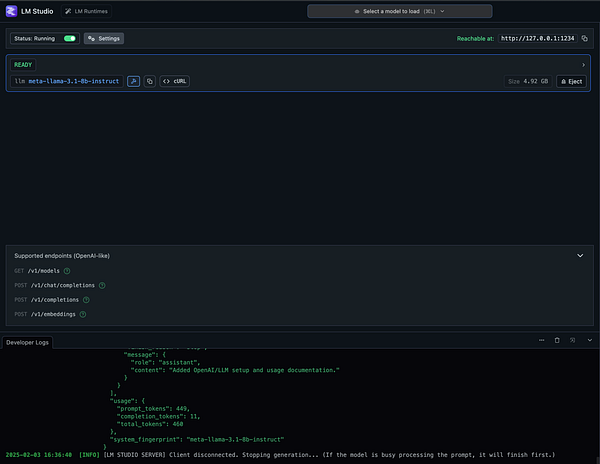 The image displays a user interface for LM Studio, showing a running local language model with various endpoints and developer logs.