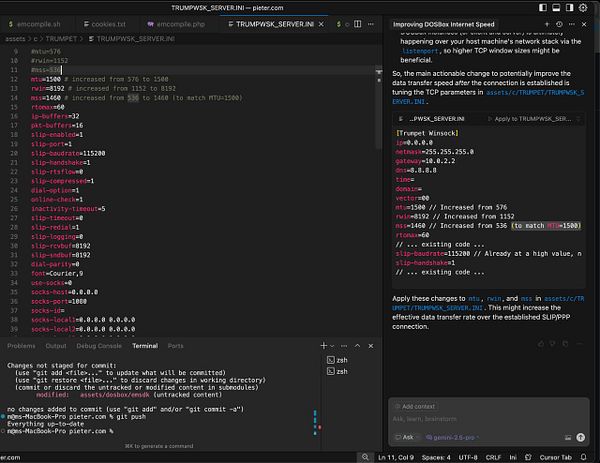 The image displays a terminal interface showing configuration settings for improving dial-up internet speed.