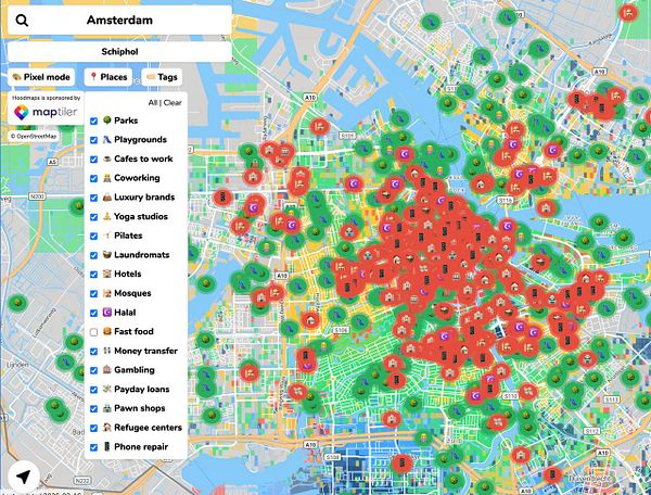 Map showing a section of San Francisco with various colored markers representing different types of locations such as yoga studios, phone repair shops, pilates studios, and laundromats.