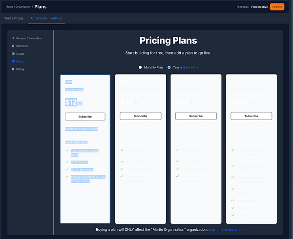 The image displays a pricing plans page for a service with various subscription options.