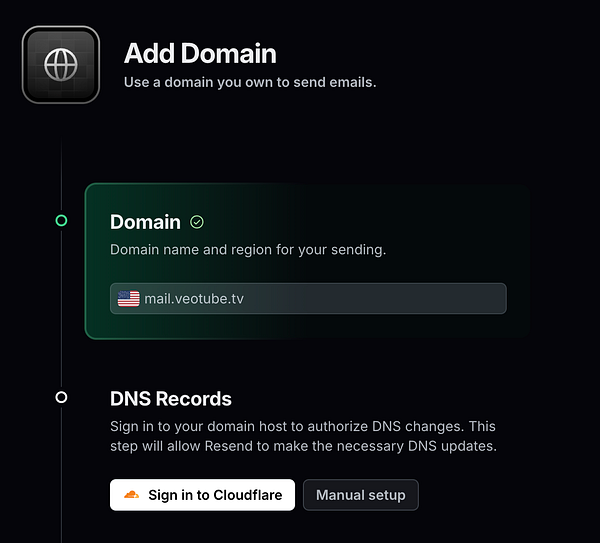 The image displays a user interface for adding a domain to send emails using Resend.
