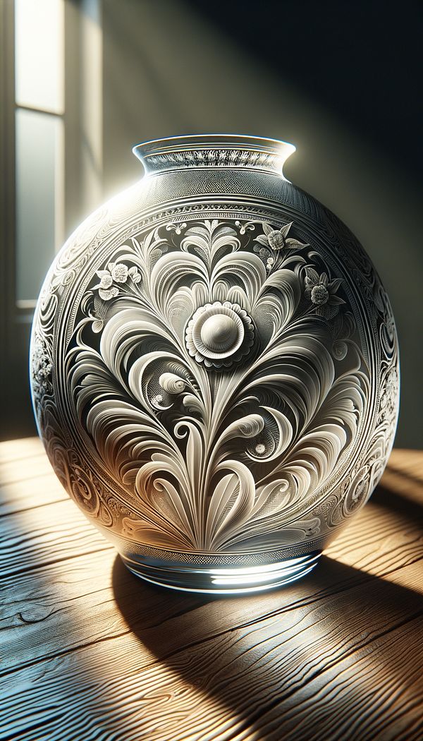 An engraved glass vase with an intricate intaglio pattern sitting on a sunlit table, casting soft shadows that highlight the depth of the engravings.