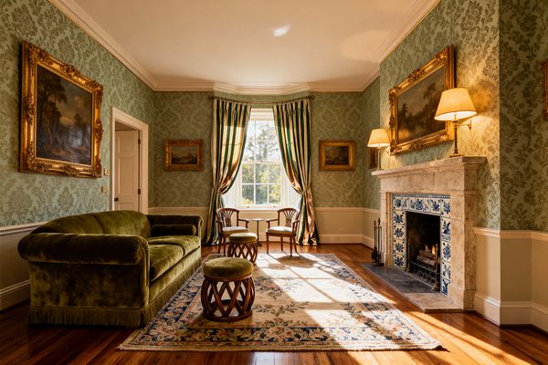 Traditional living room with sage damask wallpaper and cream wainscoting, centered on a limestone fireplace with blue-and-white tiles and flanked by brass lamps and gold-framed landscapes. An olive velvet sofa sits opposite a large sash window dressed in green-and-ivory striped drapes; a floral rug, two round lattice-base stools, and two wooden side chairs on polished wood floors complete the symmetrical, sunlit space.