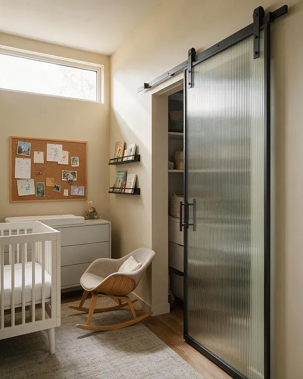 A modern nursery with a white crib, light gray dresser, and a wooden rocking chair on a soft neutral rug. A frosted fluted glass sliding barn door reveals built-in storage, while a corkboard and small wall shelves add practical, personalized touches.
