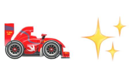 A stylized red race car is depicted alongside sparkling stars.