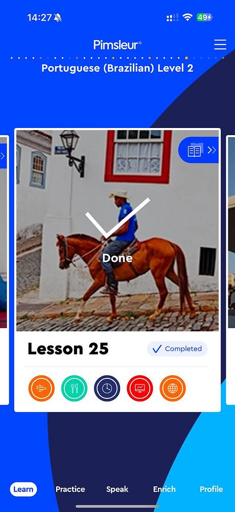 A mobile app interface displaying a completed lesson in a Portuguese language course.