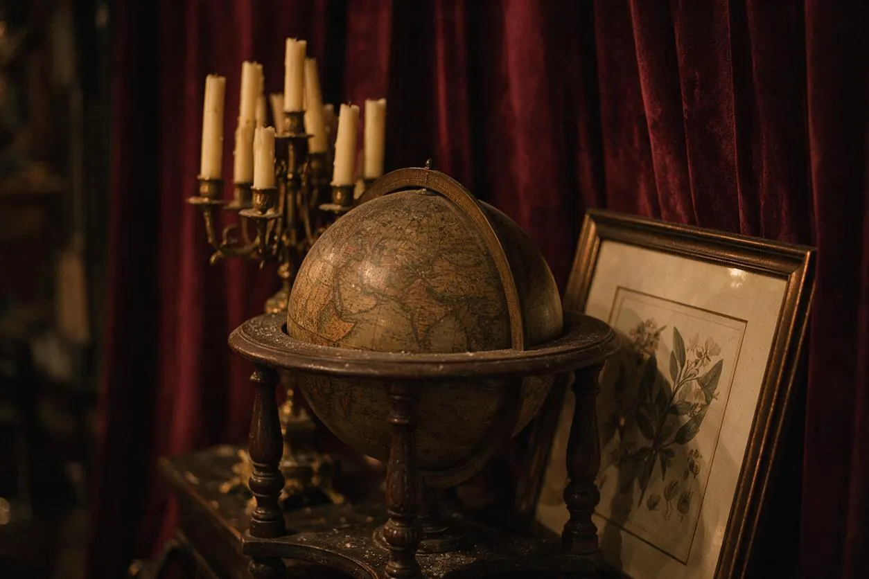 A dark academia still life featuring an antique globe mounted on a small wooden stand, set before deep burgundy velvet drapery. A brass candelabra with unlit candles and a framed botanical print complete the moody scholarly arrangement.