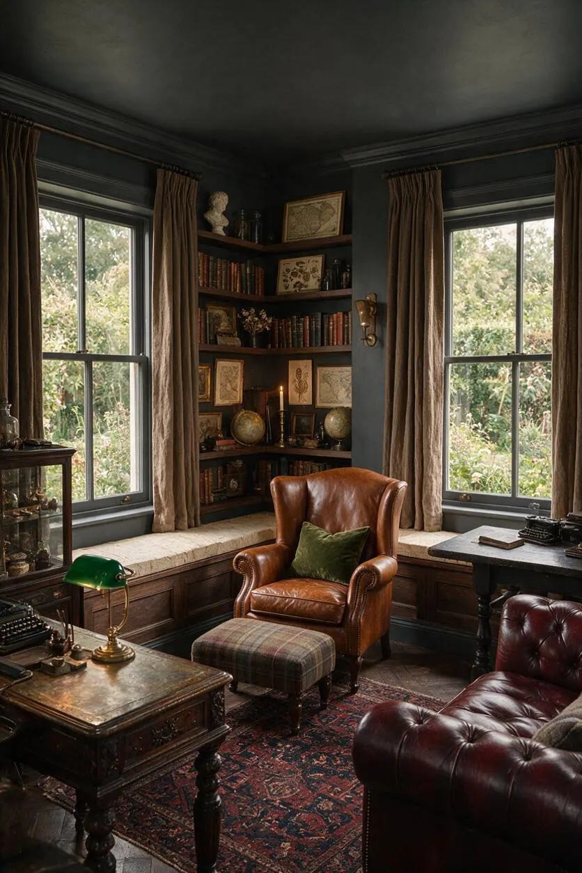 A dark academia sunroom with deep charcoal walls, tall curtained windows, and built-in corner bookshelves filled with old books, globes, and framed prints. A tan leather wingback chair, burgundy tufted sofa, plaid ottoman, brass lamp, and patterned Persian rug create a warm, scholarly atmosphere.