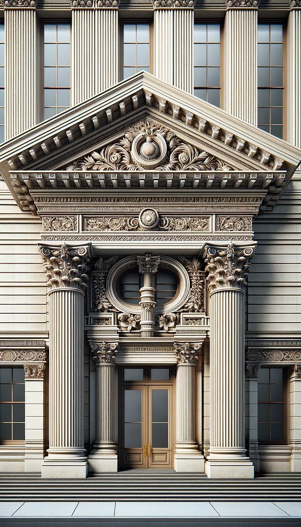 an elegant neoclassical building facade with a prominently featured pediment adorned with a decorative relief