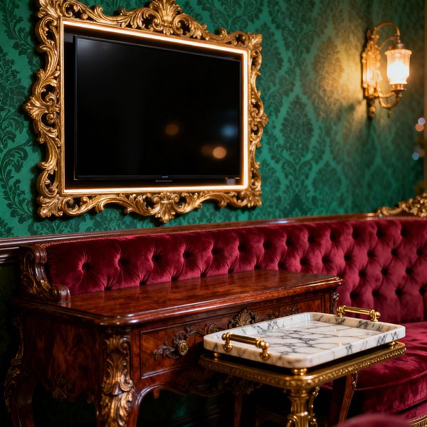 An opulent Victorian-inspired media room features a flat-screen TV framed by an ornate gilded surround mounted on emerald green damask wallpaper, illuminated by warm brass wall sconces with glass shades. Below, a deep burgundy tufted velvet banquette pairs with a polished, carved mahogany console, while a small gilded side table holds a white marble tray with gray veining, creating a rich palette of ruby, emerald, gold, and dark wood tones.
