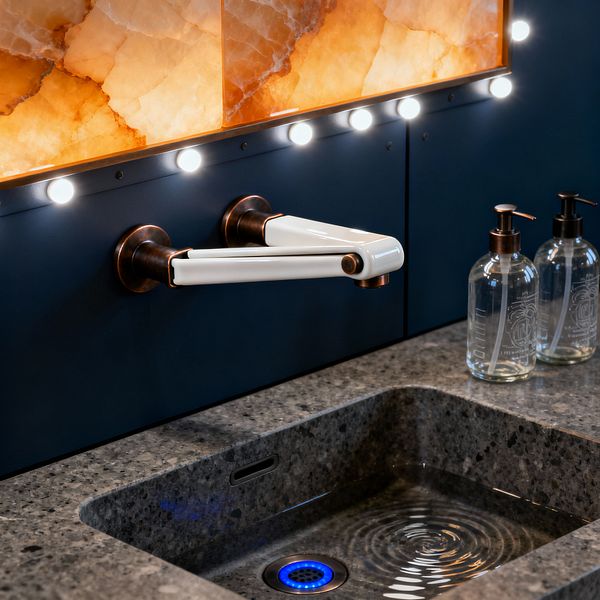 A close-up of a futuristic laundry sink shows a speckled gray stone basin set into a matching countertop beneath matte navy cabinetry. Behind the sink, a backlit honey onyx panel glows warmly, and a wall-mounted, articulated faucet with white arms and bronze joints extends over the basin. Small round LED lights line the edge, the drain emits a blue light, and two clear glass soap dispensers with copper pumps sit on the counter.