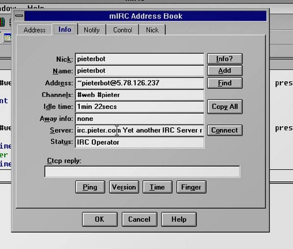 The image displays the mIRC Address Book interface with details for the user 'pieterbot'.