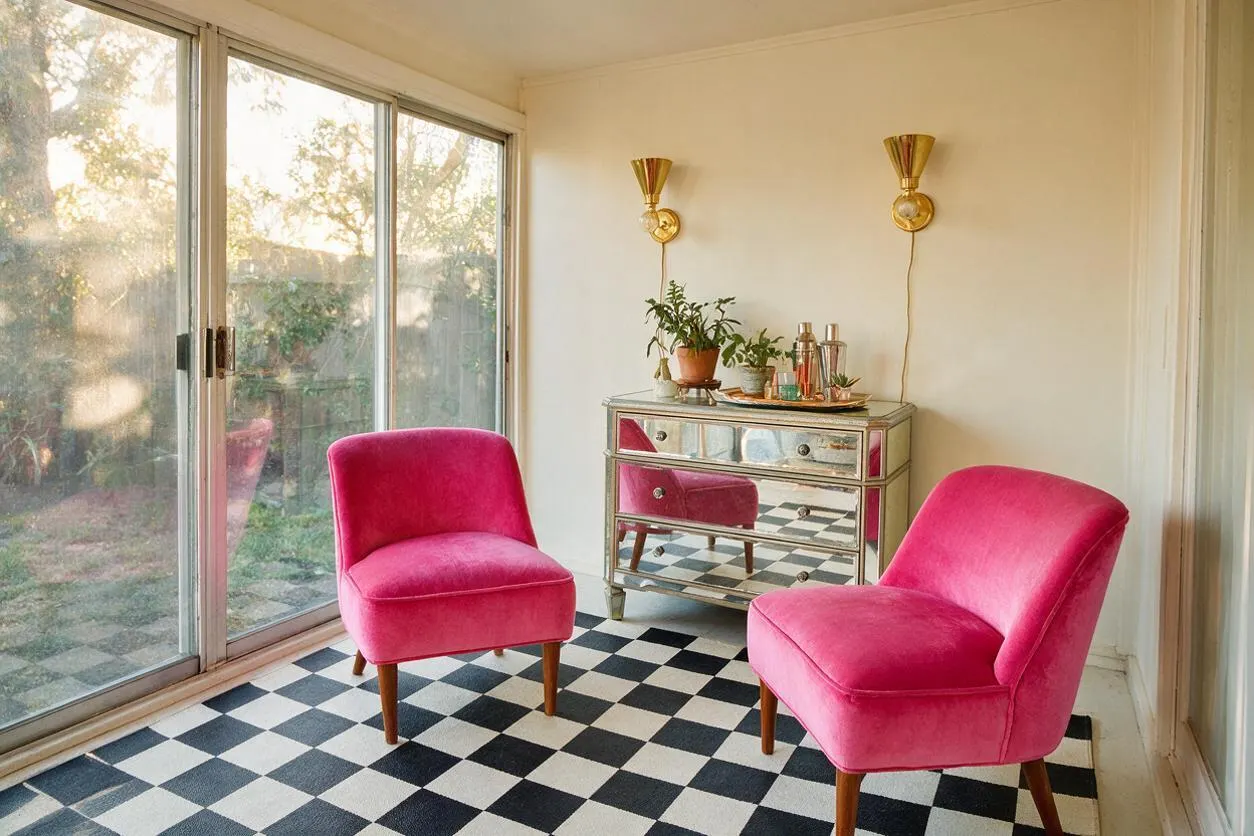 A bright sunroom with large sliding glass doors, black-and-white checkered flooring, and two hot pink velvet chairs with tapered wooden legs. A mirrored console table with plants and barware sits against a cream wall beneath two gold wall sconces.