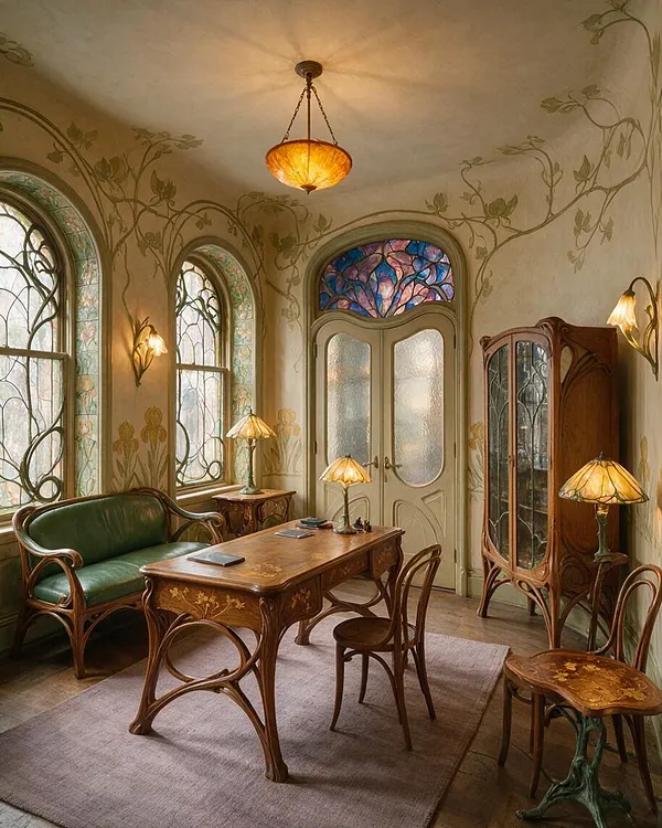 A refined Art Nouveau home office with arched stained-glass windows, vine-patterned wall murals, and carved wooden furnishings. A central wooden desk sits on a muted rug, flanked by a green leather settee, decorative lamps, and a glass-front cabinet, all under a warm amber pendant light.