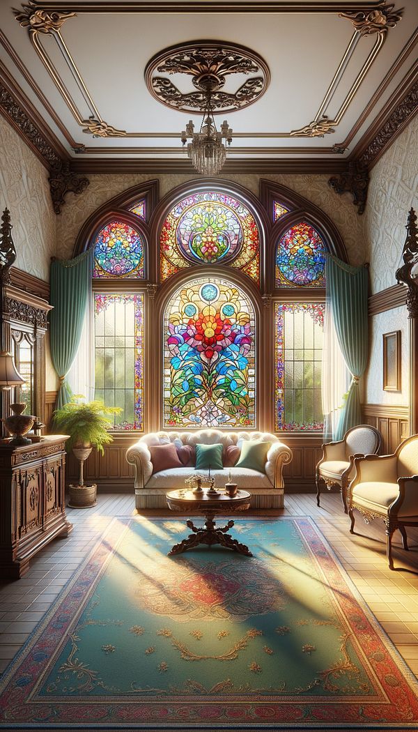 A colorful, intricate art glass window casting soft light into a tastefully decorated room.