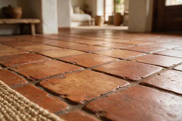 A close-up view of a Mediterranean interior floor made of irregular terracotta tiles with warm red-brown tones and visible textured grout lines. A woven natural fiber rug edge appears in the foreground, with softly lit walls and blurred furnishings in the background.