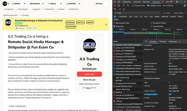 The image displays a job listing for a Remote Social Media Manager & Shitposter position at JLS Trading Co, alongside a network request analysis from a web browser's developer tools.