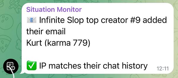 A message in a chat app notifying that the top creator #9 of Infinite Slop added their email with IP verification.