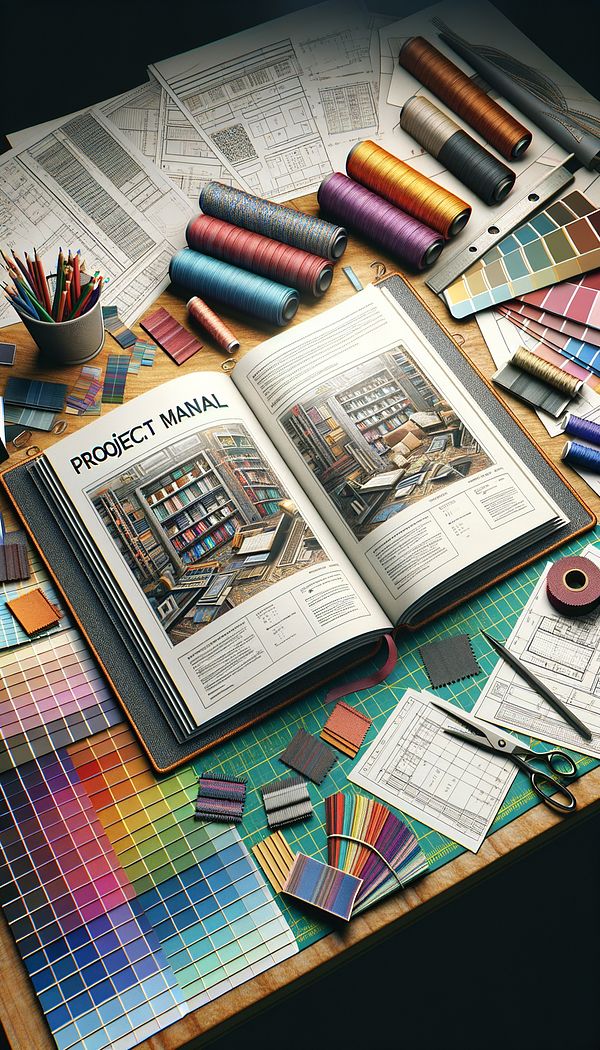 An open Project Manual on a designer's desk, showing detailed project plans and material specifications, with color swatches and fabric samples scattered around.
