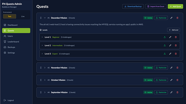 The image displays an admin interface for managing quests in a tool developed for a client.