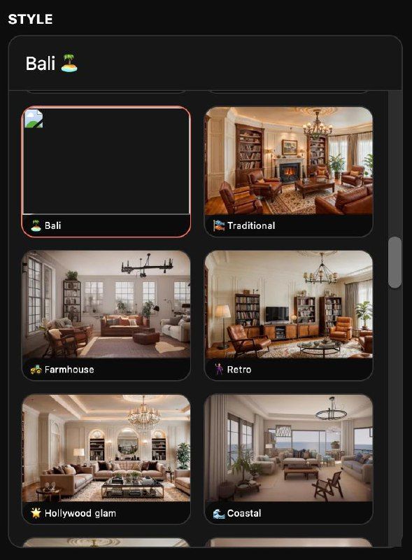 The image displays a user interface for selecting interior design styles, highlighting the Bali style option.