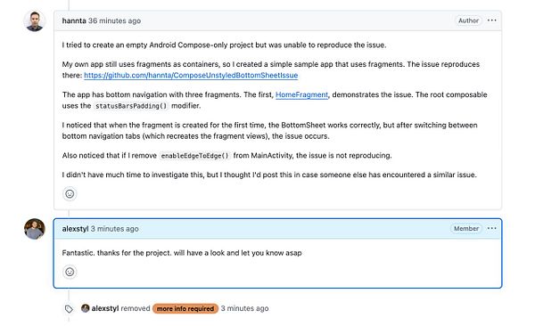 A discussion thread on GitHub regarding an issue with an Android Compose project.