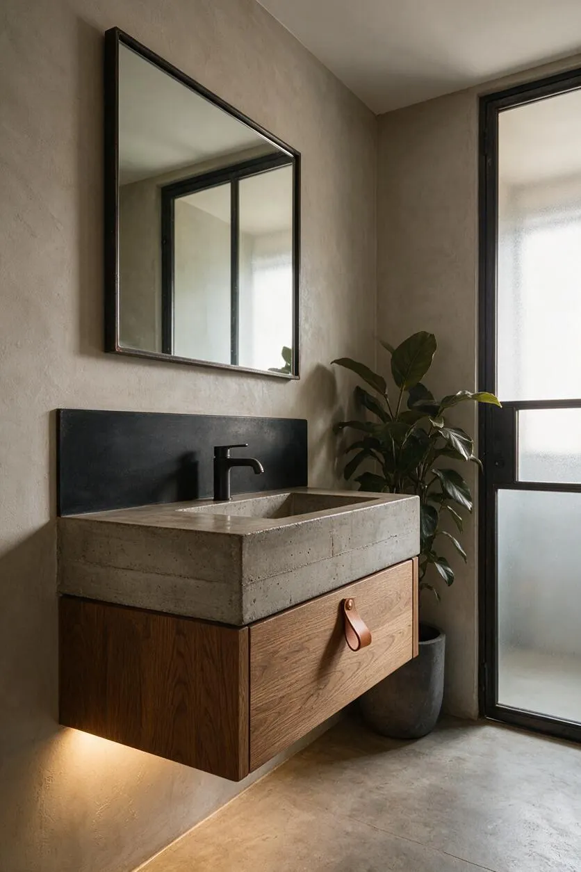 A compact powder room with a floating concrete sink vanity, warm wood drawer front, matte black faucet, and a large rectangular mirror above. Beige plaster walls, a frosted black-framed window, and a tall potted plant create a muted, minimalist atmosphere.