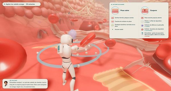First-person view of a humanoid robot navigating inside a human body environment, targeting orange contaminants, with health condition information and task instructions in French on screen.