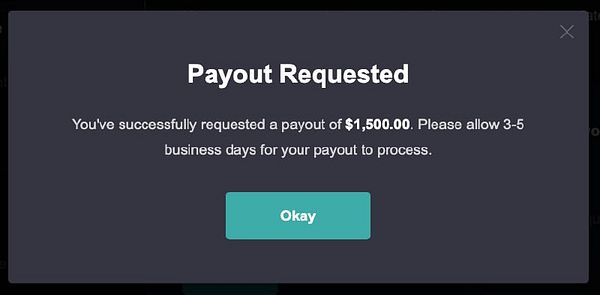 A confirmation message indicating a payout request of $1,500.
