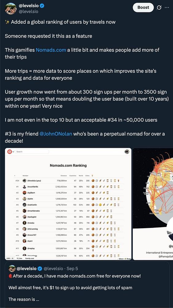 Mobile app screen displaying the Nomads user ranking from #1 to #10 with user avatars and their point totals.