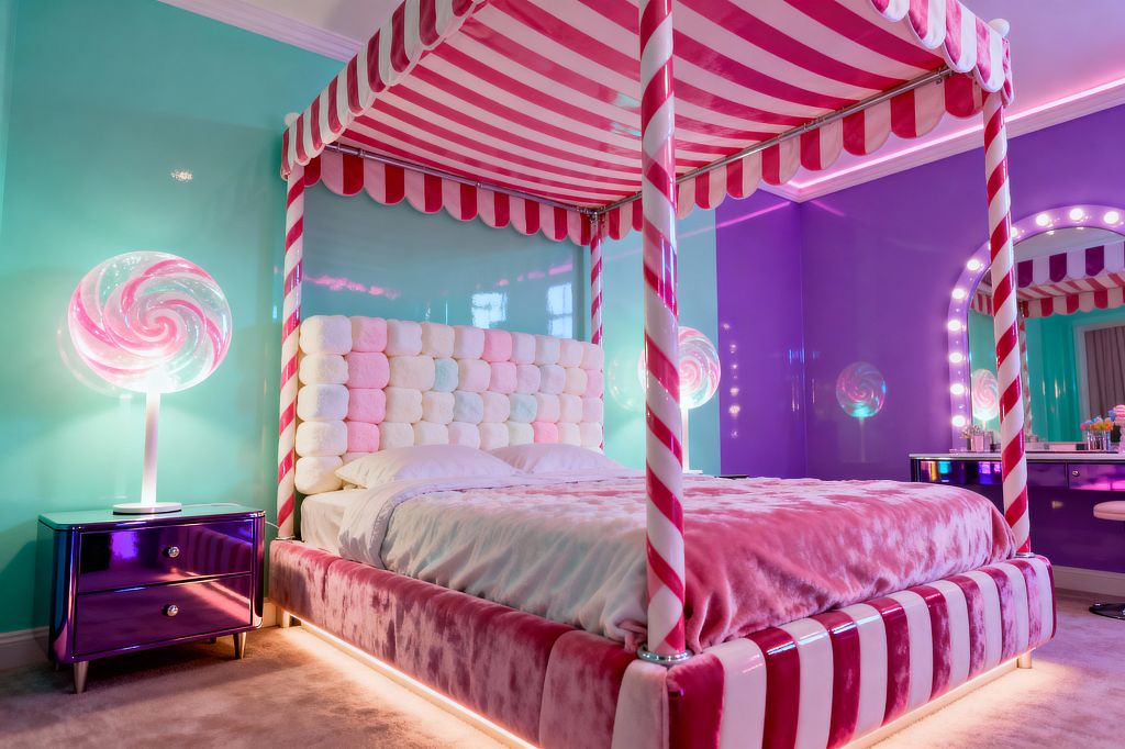 A whimsical bedroom centers on a four-poster canopy bed wrapped in pink-and-white candy-cane stripes with a scalloped canopy, a plush pastel checkerboard headboard, and a pink velvet base with under-bed LEDs. Glossy aqua and purple walls reflect light from giant lollipop lamps and a Hollywood-bulb vanity, while a metallic purple nightstand rests on beige carpet beneath a rosy ceiling glow.