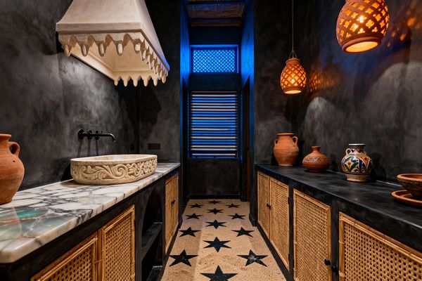 A moody Moroccan galley kitchen features charcoal plaster walls, cane-front base cabinets, and black counters. On the left, a veined marble worktop holds a carved limestone vessel sink with a black wall-mounted faucet beneath a scalloped plaster hood; on the right, terracotta pottery and a painted ceramic jar sit under perforated terracotta pendants casting patterned light. A sand-colored terrazzo floor with black stars leads to a blue-lit lattice window and a woven ceiling panel.