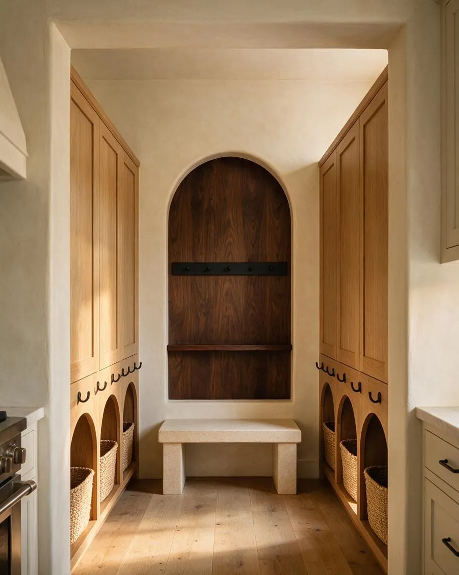 A narrow closet or dressing room with symmetrical built-in cabinetry in light oak on both sides, each with arched lower cubbies holding woven baskets. The back wall features a dark walnut arched niche with a small shelf and black hooks, and a simple stone bench sits centered below it. The space has warm plaster walls and natural wood flooring.