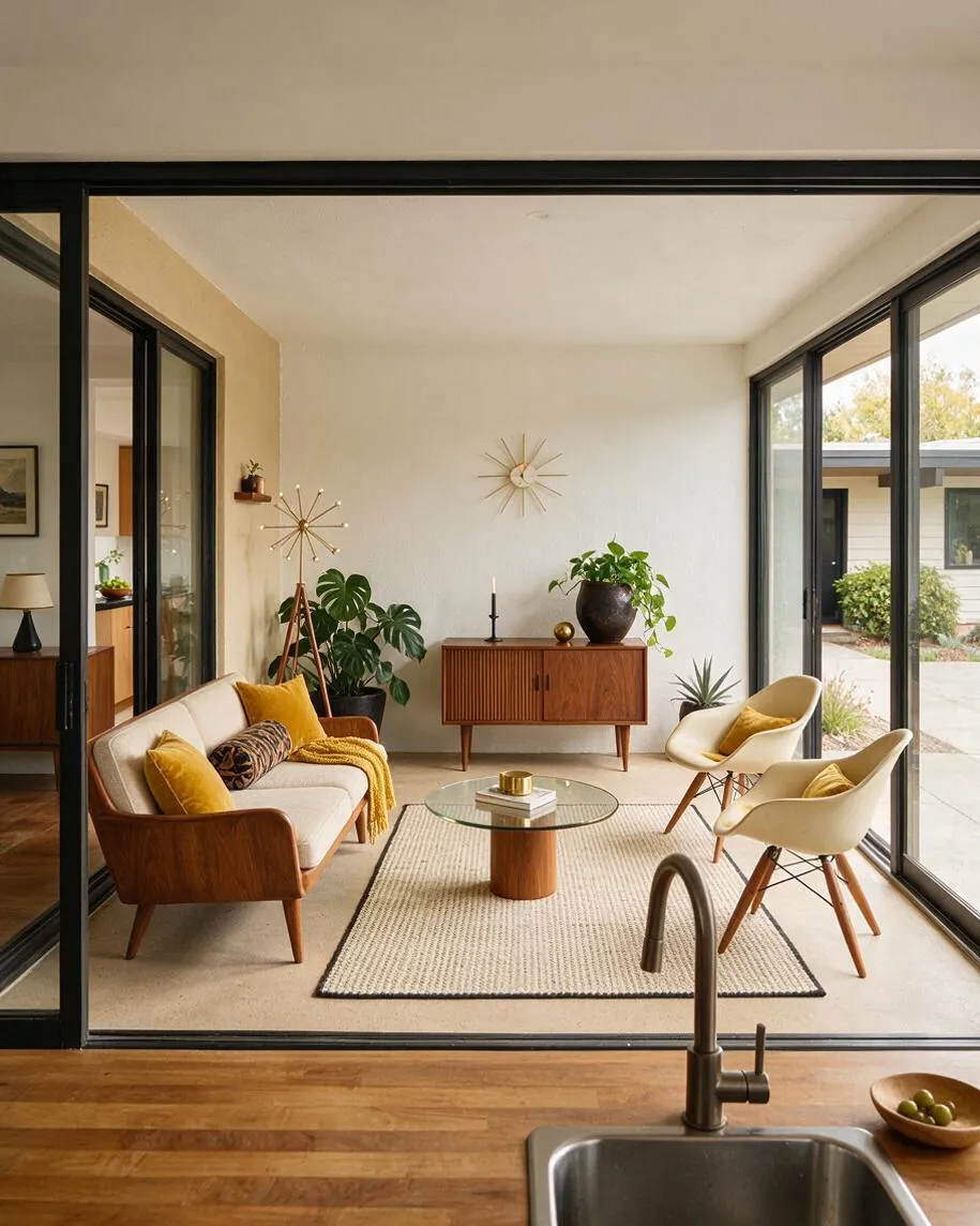A covered backyard lounge with large black-framed sliding glass doors, a walnut sofa, two cream chairs, and a round glass coffee table on a textured rug. Warm mustard accents, potted plants, and starburst wall decor create a classic mid-century modern look, with the home’s kitchen sink visible in the foreground and a neighboring structure outside.