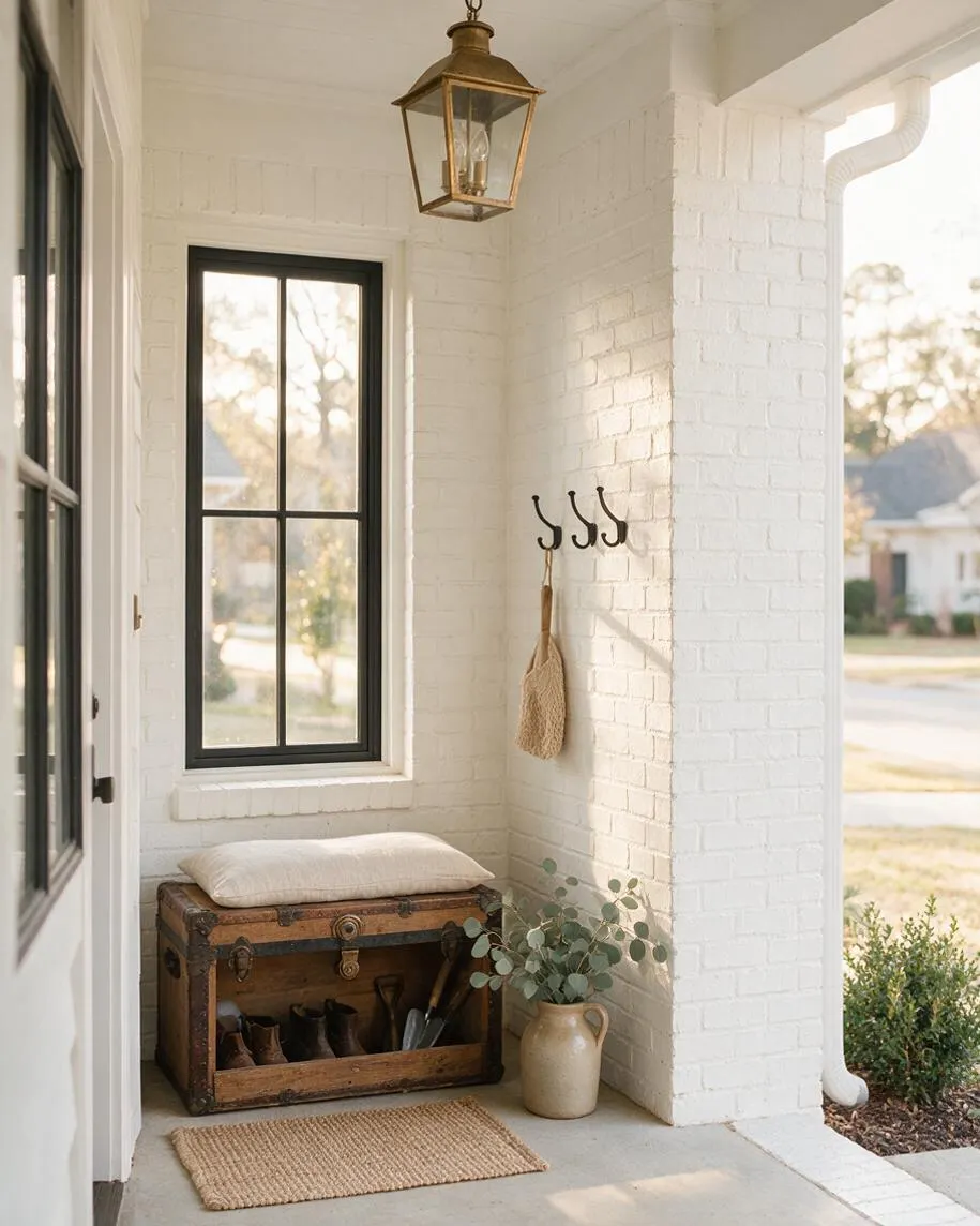A farmhouse front porch with white painted brick walls, a black-framed window, and a brass lantern hanging overhead. A vintage wooden trunk with a cushioned top sits beneath the window, paired with a jute rug, wall hooks holding a woven bag, and a ceramic jug with greenery.