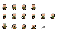 A grid of pixel art character sprites in various poses and actions.