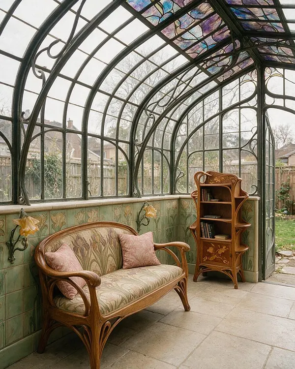 A backyard conservatory in Art Nouveau style with a curved glass and iron structure, decorative stained-glass roof panels, and ornate wood furniture. A carved wooden settee with patterned upholstery and pink cushions sits beside a matching open shelving unit, while green floral tiles and stone flooring create a romantic garden room atmosphere.