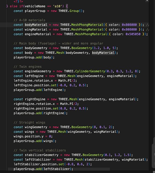 The image displays a code snippet for creating a 3D model of an A-10 Warthog using Three.js.