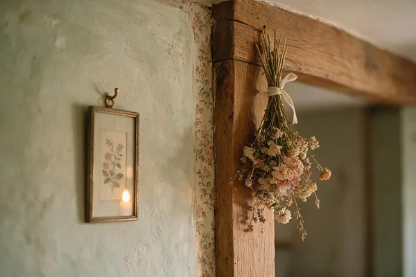 A cozy cottagecore interior corner with a rough plaster wall, a narrow framed botanical print, and a rustic exposed wooden beam. A small bundle of dried flowers tied with ribbon hangs from the beam, adding a soft, nostalgic touch.