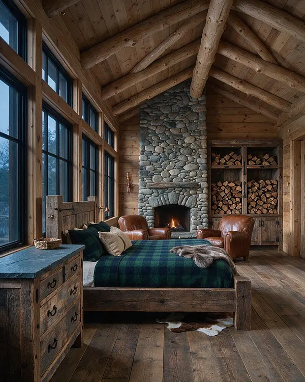 A rustic master bedroom with a wooden bed dressed in dark green plaid bedding, leather armchairs near a central stone fireplace, and floor-to-ceiling windows on the left. The room features exposed log beams, wide plank wood floors, built-in wood storage, and warm natural textures throughout.